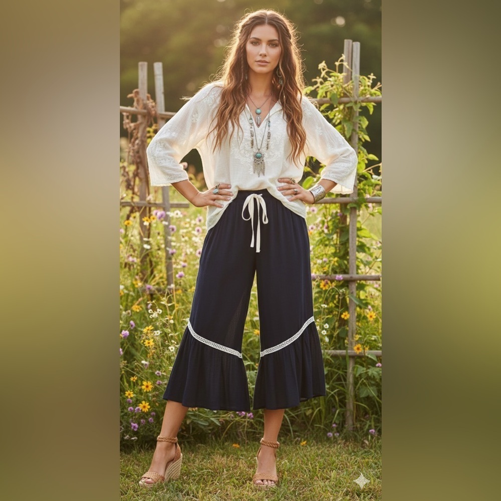NWT Umgee Boho Navy Linen Cotton Blend Wide Leg Lace Trim Cropped Pants Small